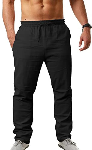 NANAMEEI Herren Leinenhose Lang Slim Fit Leicht Sommer Freizeit Yoga Strand Schwarz 2XL