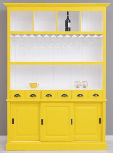 Casa Padrino Landhausstil Massivholz Barschrank Gelb/Weiß 151 x 36 x H. 210 cm - Massivholz Weinschrank im Landhausstil - Massivholz Bar Möbel - Landhausstil Bar Möbel