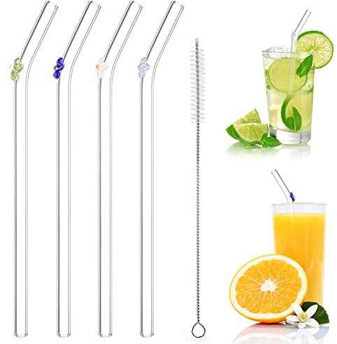 Strohhalme Glas, Wiederverwendbar Glas Strohhalm Lang, Trinkhalme Glas Gebogen mit Reinigungsbürsten für Säfte, Cocktails, Smoothie, Milch, Kaffee(4 Stück)