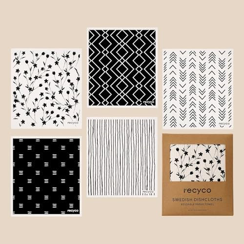 RECYCO Swedish Dish Cloths 5 Packs,Eco-Friendly Sweden Kitchen Dish Cloth,Super Absorbent Cleaning Cloth Reusable Cellulose Sponge Cloths for Washing Up,Geometric