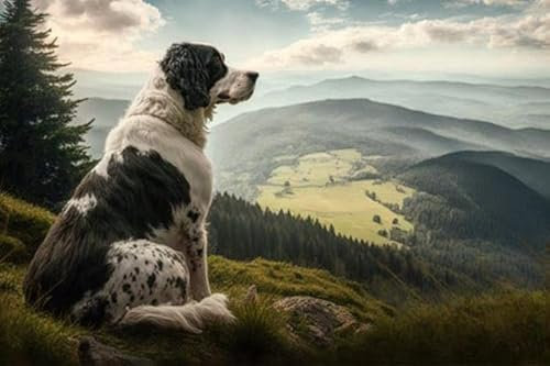adrium Holz-Bild 120 x 80 cm: majestätischer Hund, mit Blick auf die Welt von der Bergspitze, mit Blick auf sanfte Hügel und Wälder, erstellt mit (200654477)