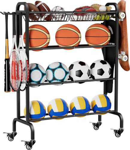 Ardier Ball-Organizer mit Rollen, Basketball-Aufbewahrungswagen, 4 Ebenen | Aufbewahrungswagen für Sportgeräte für Garage und Fitnessstudio, Ballhalter für Basketball, Fußball, Fußball und Volleyball