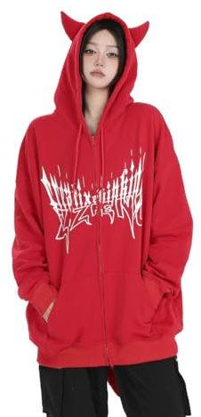 Sumleno Teufelshorn Zip Up Hoodie Frauen Y2K Kleidung Oversized Emo Alt Kapuzen-Sweatshirt Punk Goth Ästhetische Grunge Pullover, B Rot, L