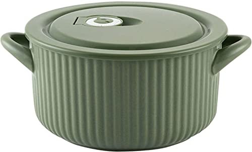 Bols à Soupe, Bol à Nouilles instantanées en céramique de Grande capacité de Couleur Unie de 830 ML avec Couvercle, Bol à Ramen en Porcelaine avec poignée, Bol à Micro-Ondes-Beige-Petit (Color : Gree