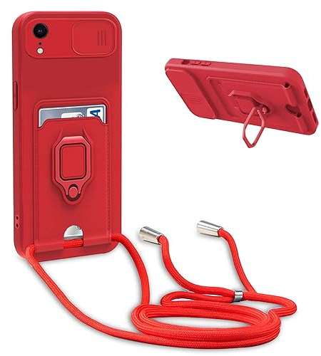 Cover Compatibile con iPhone XR con Cordino,Custodia con Cordino Silicone Cover,Protezione Fotocamera,360°Anello Supporto,Porta Carte,Rosso