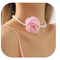 Jovono Colliers Gothiques de Perles de Camélia Collier Ras de Cou de Fleur Collier de Perles Blanches Chaînes Collier de Rose de Fête Bijoux pour Femmes et Filles (rose)