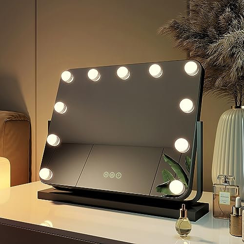 EMKE Hollywood Spiegel mit Beleuchtung, 3 Lichtfarben dimmbar, Schminktisch Spiegel mit Beleuchtung Touch, 360 Grad Spiegel, Schminkspiegel mit 11 LED Lampen 50x42cm (Schwarz)