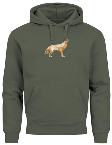 Neverless® Hoodie Herren Aufdruck Polygon Wolf Geometrie Motiv Kapuzen-Pullover Männer Fashion Streetstyle Oliv M