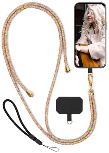 moex Unleash für Google Pixel 8 Pro Handyband zum Umhängen ohne Hülle, Handykette Universal mit Karabiner, Handy Band abnehmbar, Kette mit Pad für Handyhülle, Bunt, Gold