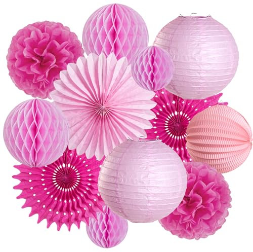 SUNBEAUTY 12 Stück Seidenpapier Pompons Deko Rosa Papier Pompoms Papierfächer Lampions für Geburtstag Hochzeit Gartenparty Dekoration