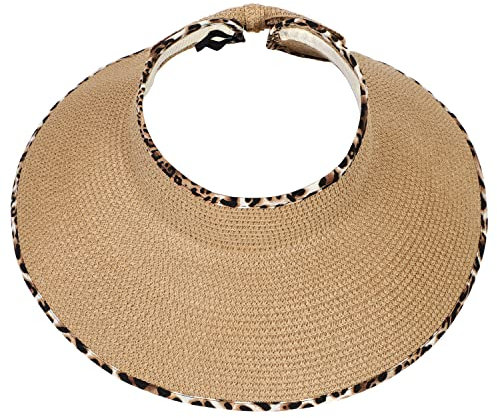 soul young Chapeau Femme Soleil Visière de Paille Bord Large Anti UV Capelines d'été Plage Pliable Bonnets UPF 50(Kaki et léopard,Taille Unique)