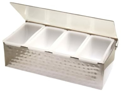 Cocktail7 Scatola per condimenti, in metallo martellato, contenitore per frutta, scomparto per alimenti, organizzazione, stoccaggio, bar, ristorante, accessorio materiale (colore argento, 4 Scomparti)