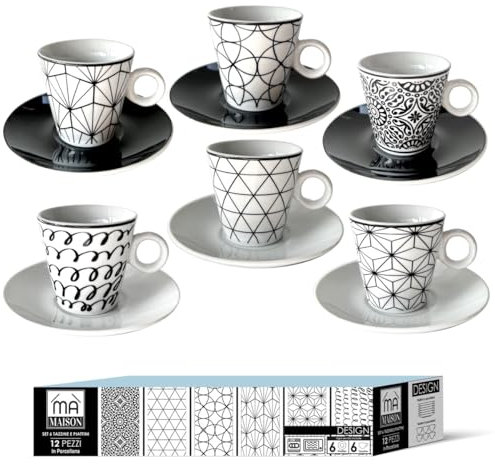 Maury's Set di Tazze in Porcellana, dal design Modern Con Piattino Coordinato, Colore Bianco e Nero Lavorato (Set da 6 da caffè)
