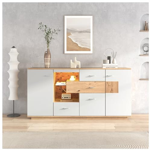 Racxily Modernes Sideboard mit LED-Beleuchtung, TV-Schrank für Wohnzimmer, mit viel Stauraum, 160 x 40 x 77 cm, 2 Türen, 4 Schubladen, Holzoptik