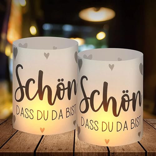 12 Windlicht Tischdeko Geburtstag, Kommunion, Taufe, Konfirmation, Geburtstag, Karneval Deko, Hochzeit, Jugendweihe Deko, Schön DASS du da bist, Teelichter Tischdeko für Teelichter oder Kerzen (Grau)