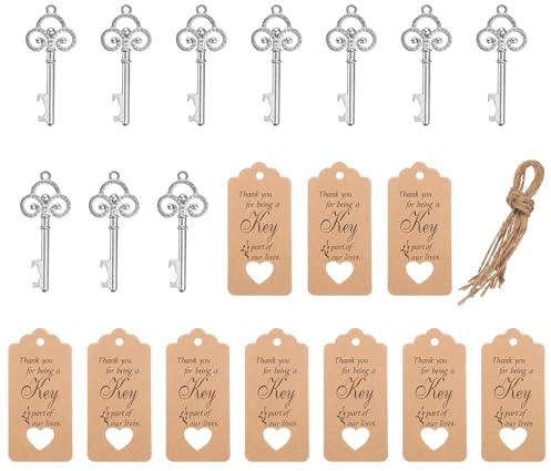 PATIKIL 10 Pcs Vintage Key Bottle Openers Wedding Party Favor Souvenir Gift Set with Thank You Tag, Organza Bags, Rope for Guests,Silver