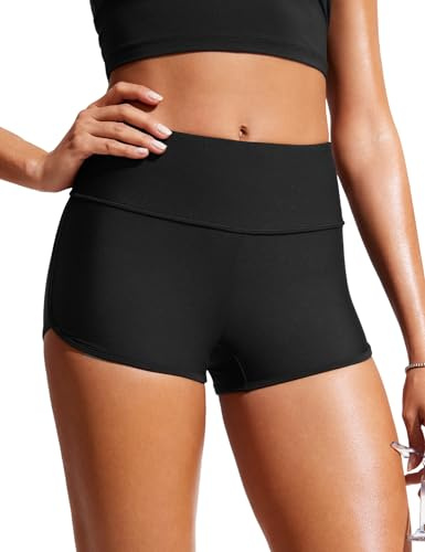 CRZ YOGA High Waisted Dolphin Board Shorts for Women 2.5'' - Quick Dry Swim Beach Bathing Suit Bottoms with Liner Black Large