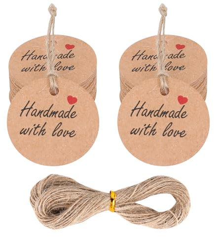 Geschenkanhänger 100 Stück Handmade with Love Anhänger Kraftpapier Rund Tags 3cm Labels mit Jutekordel 20 Meter, Dekorative Hängeetiketten für Weihnachten, Hochzeit, Valentinsta Geschenke
