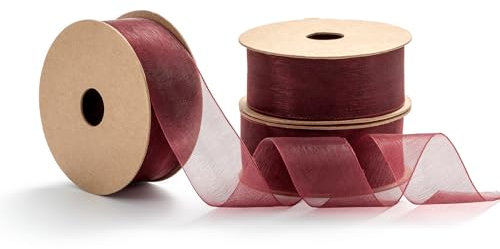 MORSUNBELA Geschenkband Rot,Organzaband,25 mm X 9 m,Schleifenband Breit Dekoband Seidenband,Weinrot