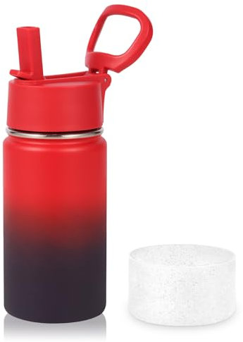 Volhoply 410ml 14oz Kids Stainless Steel Insulated Leakproof Tumbler Water Bottle with Straw Lid and Silicone Boot,BPA-Free Easy Use for Boys&Girls,Double Wall Vacuum Bottles(Red Purple,1)