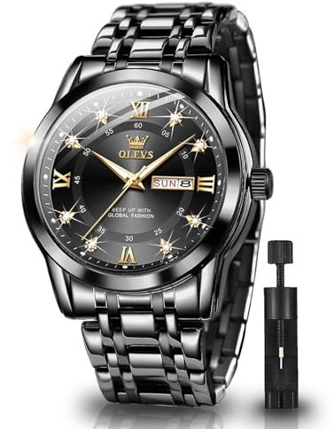 OLEVS Uhren für Herren, Diamant-Analog, Quarz, Edelstahl, wasserdicht, leuchtende Armbanduhr, Kalender, Luxus, Business, Herren-Armbanduhr, G5513: komplett schwarz, Armband