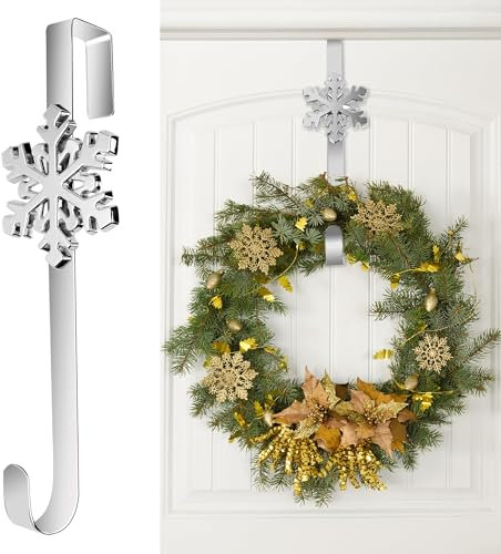 Aodaer 1 Pack Christmas Silver Metal Wreath Hanger 14.5 Inches Wreath Hooks with Snowflake Interchangeable Icons Stainless Steel Front Door Hanger Heavy Duty Wreath Holder for Christmas Decorations
