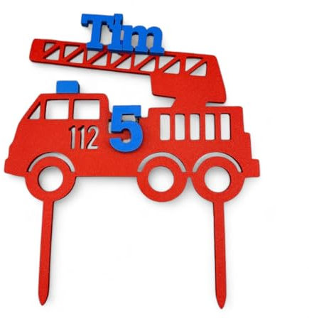 Cake Topper Feuerwehr Auto personalisiert mit Jahr und Name zweifarbig - Geburtstag Feuerwehr - Magnetische Kindergeburtstag Deko