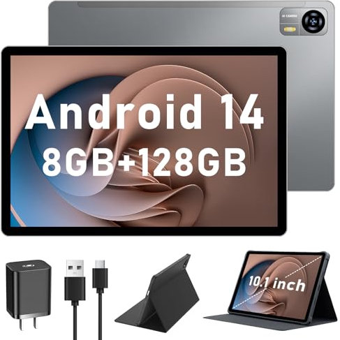 Bvlary Tablet 2025 Newest Androind 14 Tablet, 10.1 Inch Androind tablet 16GB RAM+128GB ROM 512GB TF, 5G+2.4G WiFi| BT 5.0|Octa Core|1280x800 IPS|13MP+8MP|6000mAh| GPS| Type C- Gray