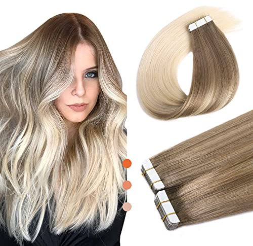 XDhair Tape Extensions Echthaar Aschebraun bis Platinblond 20pcs 50g 40cm Remy Echthaar Extensions Seidig Gerade Echthaar Extensions Skin Weft Tape Ins (#8T/60-16)