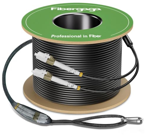 Fibergaga-50M(165ft) Outdoor Armored OM3 LC to LC Fiber Patch Cable, Multimode Direct Burial Fiber Optic Cable Cord, 10GB/40GB Jumper Duplex 50/125um with Pulling Eye Kit Installed on one end