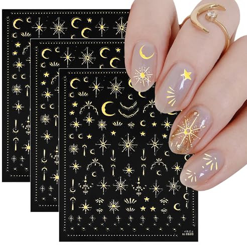 Nagelsticker Sterne Mond, Holographische Hot Stamping Nagelaufkleber 3 Blatt Selbstklebende Nagel Sticker Gold Goldene Sterne Mond Nagelkunst Zubehör für DIY Nageldesign Nagelstudio Nagelstudio