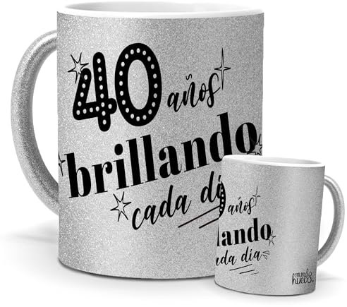 Tazas Auténticas | 40 Años Brillando Cada Día | Sorpresa de 40 Cumpleaños | Mensaje Original | Cerámica Purpurina Plata | Tassas de Café, Té o Infusiones | Tazas Mujer Feliz Cumpleaños | 350 ML