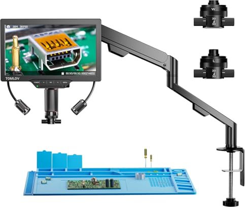 TOMLOV TM3K-3D IPS Digitales Mikroskop mit Magnetische Doppelobjektive, 3D-Lötmikroskop für Erwachsene, 3K UHD HDMI/USB Münz- & PCB-Lupe mit LED-Beleuchtung, Reparaturmatte, Flexibler Armständer, 64GB