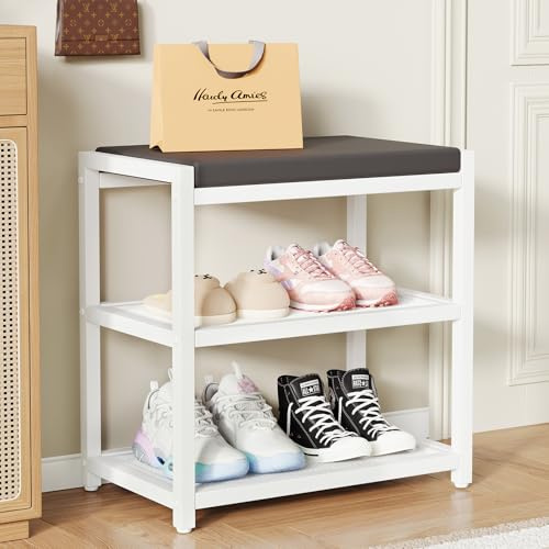 ZHOOGE Schuhbank mit Sitzfläche, Sitzbank, Sitztruhe, Schuhregal mit 2 Gitterablagen für Eingangsbereich, Flur, Wohnzimmer, Metallgestell, Bis 150 kg Belastbar (Weiß, 47 x 30 x 43 cm)