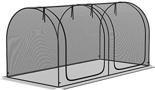 Outsunny Pflanzenschutznetz 2,5x1,2m, Gemüseschutznetz mit Tür, Stahlrahmen, winddichtes Gemüsenetz, Garten Feinmaschig, Insektenschutznetz mit Tragtasche Gartennetz für Pflanzen Gemüse Früchte Blumen