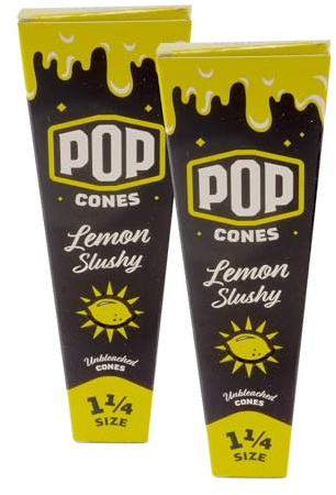 Pop Cones - Unbleached Prerolled Cones - 1 1/4 Size 84mm Cones - Cones with a Flavor Burst Pop - Pre Rolled Slow Burning Cone - Filter Tip - 2 Packs, 12 Cones - (Lemon Slushy)