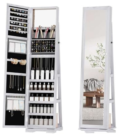 Miroir sur pied pleine longueur avec étagère de rangement, miroir rotatif à 360 ° avec lumières LED, armoire à bijoux verrouillable pour chambre à coucher, salle de bain