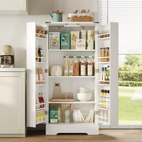 SogesHome Armoire haute pour salle à manger, buffet, avec LED et 2 portes battantes et étagères réglables, pour salle à manger, salon