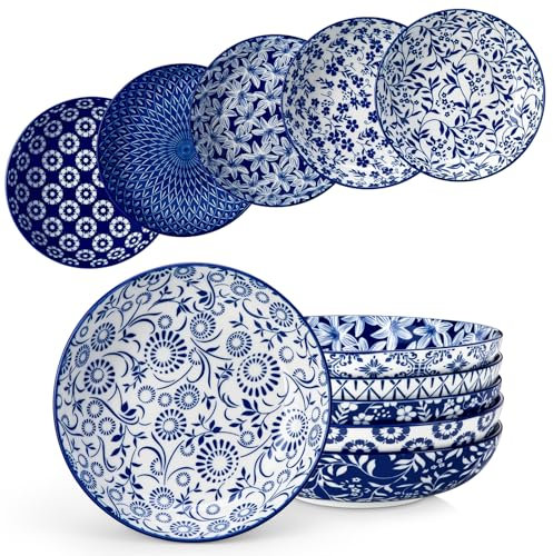 vancasso Série SELENE Lot de 6 Grands Bols à Pâtes, 1200ML Assiette Creuse en Porcelaine Bleu et Blanc, Saladier pour Cuisine, Passe au Four, Lave-vaisselle et Micro-ondes, Style Chinois