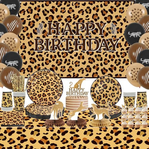 Cheetah Birthday Decorations Leopard Print Party Supplies Including Happy Birthday Banner Cake Toppers Tableware Tablecloth Balloons for Jungle Safari Print Party Baby Shower Serves 20