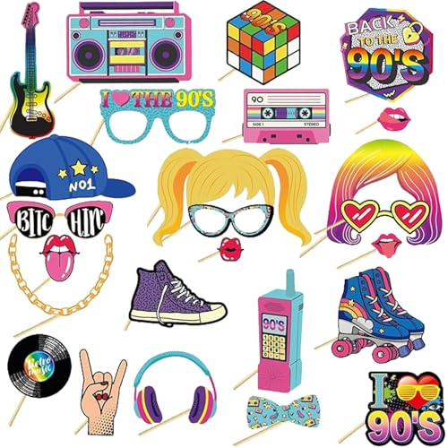25 Stück Party Fotoautomat Requisiten 90er Jahre Photo Booth Props für Geburtstag Karneval Hochzeit Disco Party Zubehör