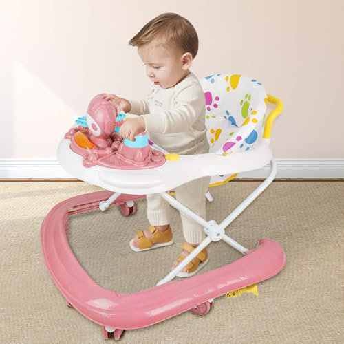 Trotteur Bébé Garçon Fille Evolutif 3 en 1, Trotteur Marche Bebe Pliable avec 3 Hauteur Réglable, Siège et Plateau Amovible, Tout-petits 6+ Mois, Charge 12KG-62 * 68 * 36-81cm -Rose