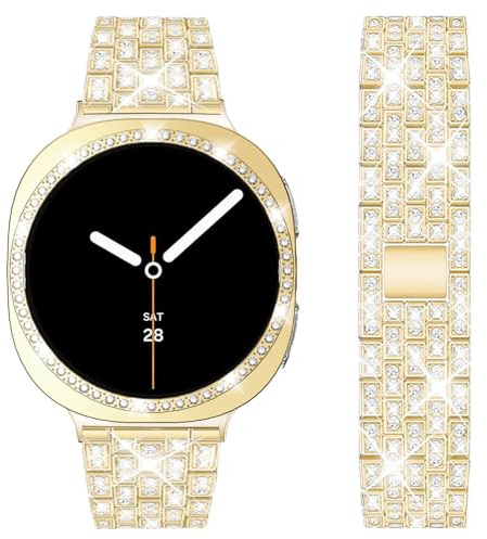 DEALELE Correas y funda compatibles con Samsung Galaxy Watch 8 de 40 mm, correa de metal con diamantes de imitación con funda protectora de diamante de repuesto para mujeres y hombres (40 mm, dorado)