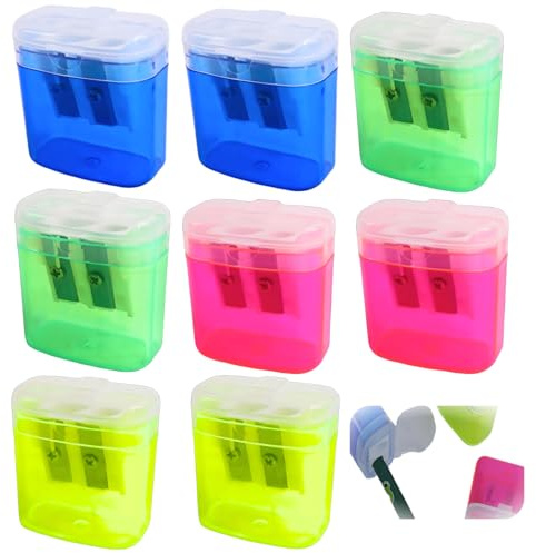 8 Stück 4 Farben Anspitzer mit Behälter, Anspitzer mit Doppellöchern und Deckel, Handheld Bleistiftspitzer für Dicke und Dünne Stifte, Praktischer Dosenspitzer für Schule, Büro und Zuhause, Kompakt