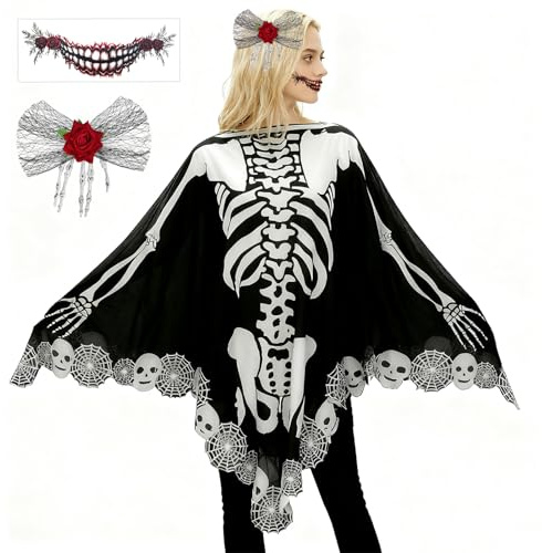 XEPST Poncho Squelette d'Halloween pour Femme - Déguisement du Jour des Morts avec Cape Squelette Noire, Pince à Cheveux, Tatouage de Bouche, Autocollants pour Adultes, Halloween, Cosplay, Carnaval