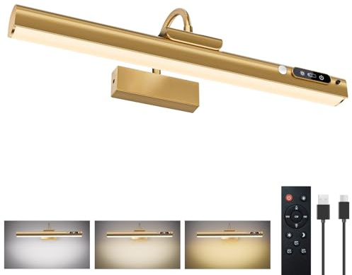 Grevoxy Applique murale avec détecteur de mouvement, 9000mAh Batterie Rechargeable, Lampe LED Sans Fil pour Tableaux, 3 Températures de Couleur, Éclairage d’Art et Galerie (1, Doré)