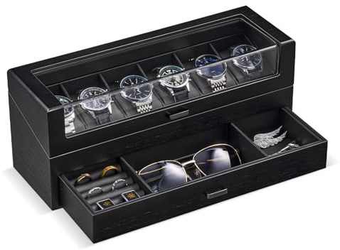 ProCase Holz Uhrenbox, 6 Fächern Uhrenkasten Uhrenkoffer mit Schublade, Uhren Organizer Uhrenaufbewahrung mit Glasdeckel - Schwarz