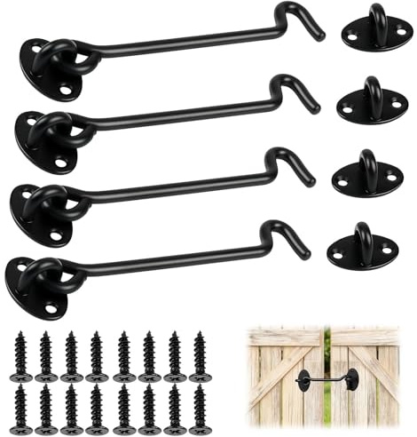 4 Pcs Hook and Eye Latch, 6 Inch Gate Hook and Eye Latch, Black Stainless Steel Bedroom Door Lock with Screws, for Gates Barn Doors Sheds Windows Bedroom Door Lock, Cabin Hooks for Doors Outside
