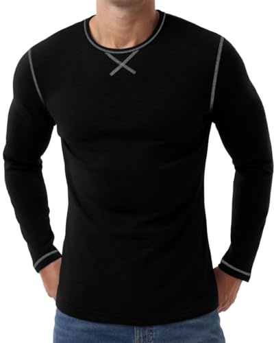 PrinStory Mens Long Sleeve Thermal Tops Fleece Lined Thermal Top Crew Neck Base Layer Winter Warm Underwear Heavyweight T Shirts (Black, L)