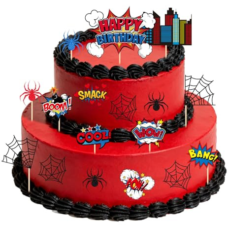 17stk Spinne Thema Geburtstag Kuchen Topper, Spinnennetz Cupcake Picks Happy Birthday Stadt Karton Dekorationen für Kinder Jungen Männer Babyparty Halloween Comic Stil Party Zubehör